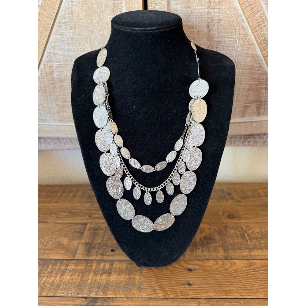 Silver Tone Multi Strand Layered Statement Necklace Hammered Oval Disc Textured